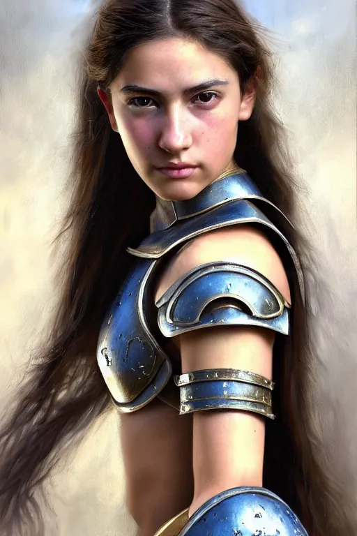 Image similar to a photorealistically painted portrait of an attractive young girl, partially clothed in military battle armor, with an abstractly painted background, flawless olive skin, fair complexion, long dark hair, beautiful bone structure, perfectly symmetric facial features, perfect photorealistic eyes, natural physique, intricate, elegant, digital painting, concept art, finely detailed, beautifully illustrated, sharp focus, minimal artifacts, volumetric lighting, from Halo, by Ruan Jia and Mandy Jurgens and Artgerm and William-Adolphe Bouguerea, in the style of Greg Rutkowski, trending on Artstation, award winning art