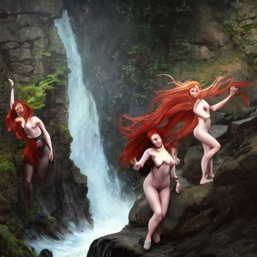 Image similar to an extremely detailed portrait of four polyamorous red haired vampire queens dancing while hiding from a thunderstorm in a cave behind a waterfall, epic fantasy, viewed in profile from far away, sharp focus, detailed face, art by greg rutkowski and alphonse mucha, volumetric lighting, 4 k resolution, trending on artstation, masterpiece