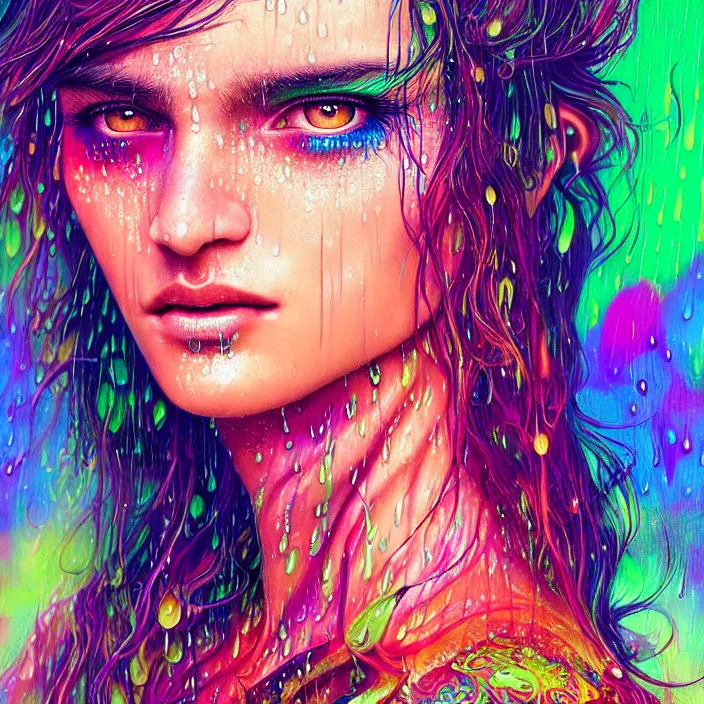 Image similar to bright psychedelic portrait with rain on face and wet hair, wings, smiling, diffuse lighting, fantasy, intricate, elegant, highly detailed, lifelike, photorealistic, digital painting, artstation, illustration, concept art, smooth, sharp focus, art by John Collier and Albert Aublet and Krenz Cushart and Artem Demura and Alphonse Mucha