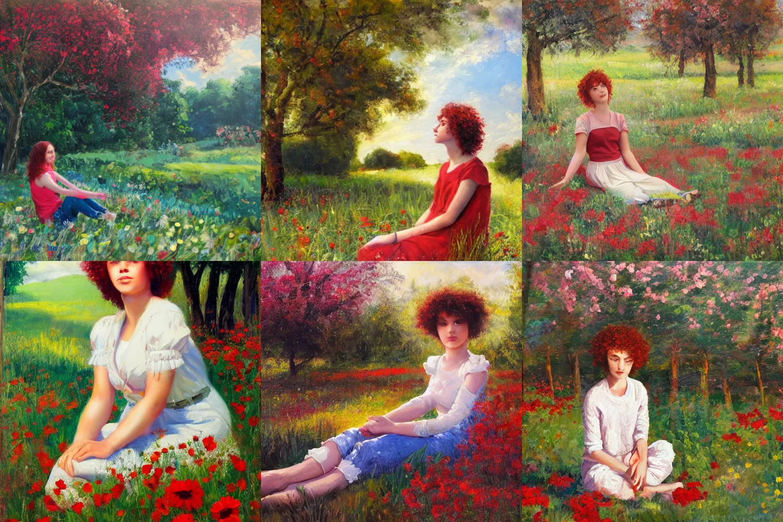 Prompt: a cute girl with short curly red hair sitting in a field of flowers, god rays are passing through the trees in the background, oil painting