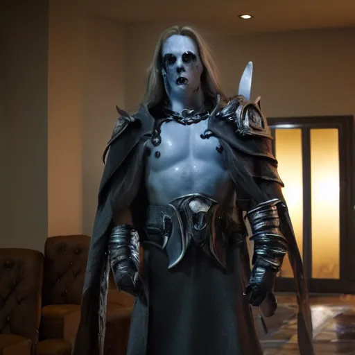 Image similar to arthas menethil as the american psycho, cinematic still