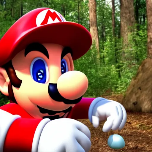 Prompt: real life photograph of Super Mario in the woods, discovering a bright red and white mushroom, his face is filled with extreme surprise, 4K award winning photography