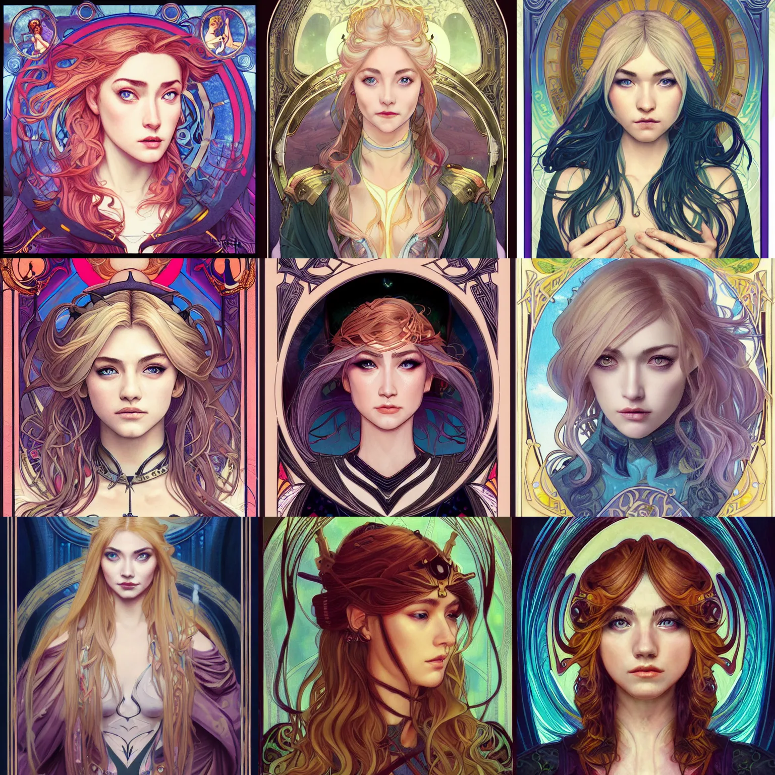 Prompt: masterpiece head-on symmetrical centered painted portrait, Imogen Poots as Elden Ring paladin, blonde hair, elegant, in the style of ROSSDRAWS and Ross Tran and Alphonse Mucha and Ayami Kojima and Charlie Bowater and Jean Delville, Pixar, Maya engine, splash comics, tarot card style, Art Nouveau, rich bright colours