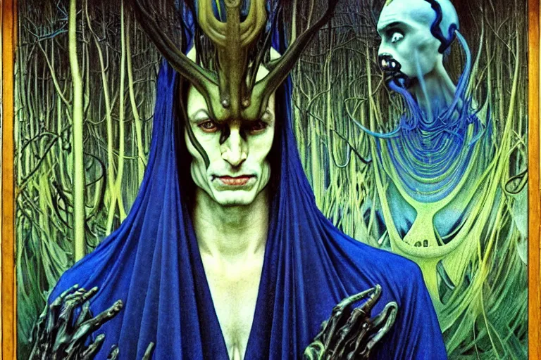 Image similar to realistic extremely detailed portrait painting of an elegantly creepy vampire man in a cape, futuristic sci-fi castle and forest on background by Jean Delville, Amano, Yves Tanguy, Alphonse Mucha, Ernst Haeckel, Edward Robert Hughes, Roger Dean, rich moody colours, blue eyes