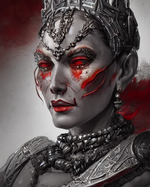 Image similar to Fantasy character portrait of distorted detailed painting of a queen woman made of grey stone, hyper detailed, red flames, trending on Artstation, 8k resolution, full HD, cinematic lighting, award winning, anatomically correct