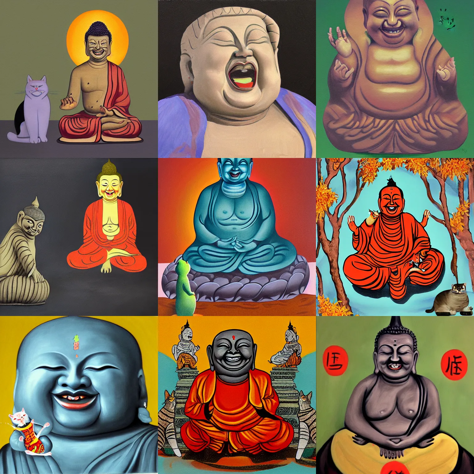 Prompt: painting of laughing buddha with cat, concept art