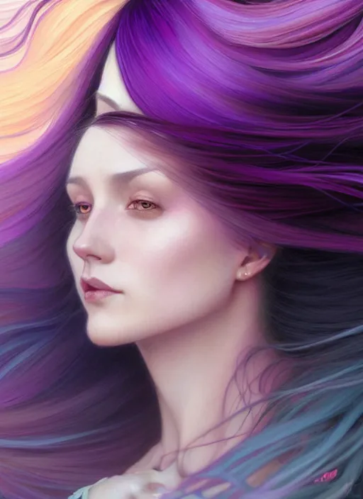 Prompt: Portrait of a woman with bright colored flying hair, all shades of purple. Hair coloring. Hair fluttering in the wind, amber eyes, face, long hair, fantasy, intricate, elegant, highly detailed, digital painting, artstation, concept art, smooth, sharp focus, illustration, art by artgerm and greg rutkowski and alphonse mucha