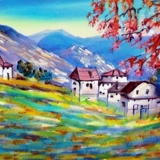 Image similar to A beautiful painting of a village in the mountains, artwork