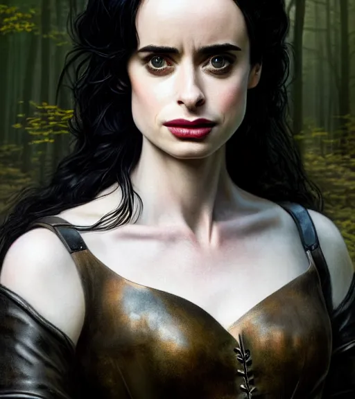 Image similar to 5 5 mm close up portrait photo of krysten ritter as yennefer of vengerberg in black leather armor and long black puff hair, in a forest. magical atmosphere. art by greg rutkowski. lifelike. very detailed 8 k. intricate. soft light. nikon d 8 5 0.