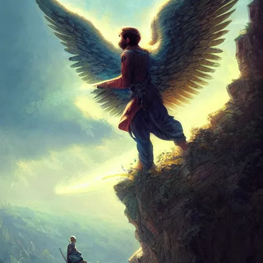 Image similar to guardian angel protecting man falling from a cliff, detailed intricate ink illustration, happy atmosphere, detailed illustration, hd, 4k, digital art, overdetailed art, by greg rutkowski, by loish, complementing colors, Trending on artstation, movie poster style