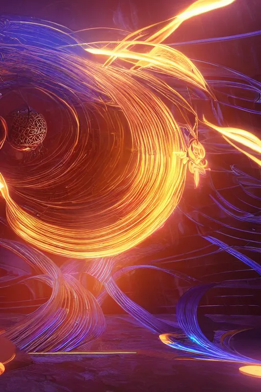 Prompt: swirling tribal light streaks and ornate flowing light streams and smooth particle effects, unreal engine