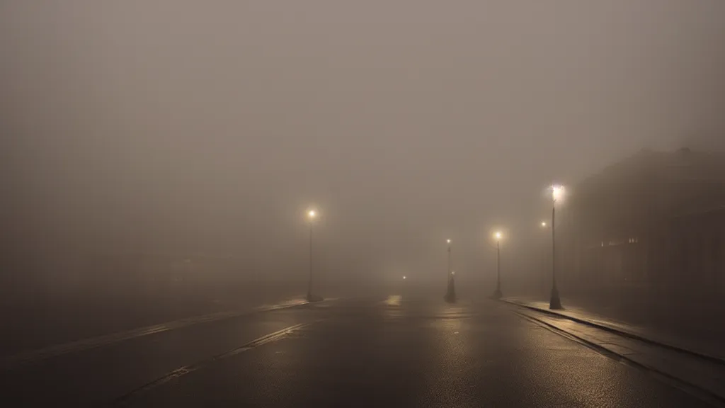 Image similar to photograph of a foggy city at night by henri prestes, 4 k resolution