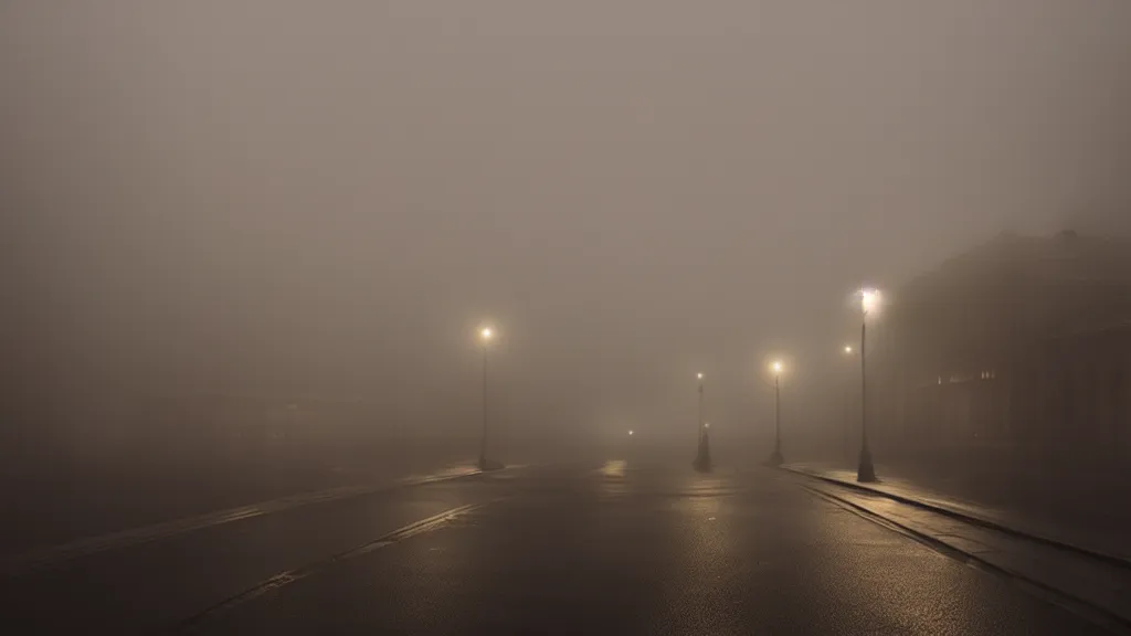 Prompt: photograph of a foggy city at night by henri prestes, 4 k resolution