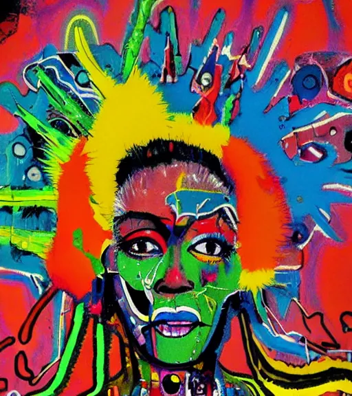 Prompt: acrylic painting of a bizarre psychedelic woman in a rainbow in tokyo, mixed media collage by basquiat and jackson pollock, maximalist magazine collage art, retro psychedelic illustration