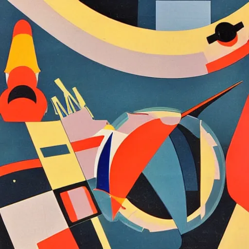 Prompt: an abstract mid - century modern collage of random shapes cut from vintage science and fashion magazines depicting the future of space travel as imagined in 1 9 5 6 in the usa.