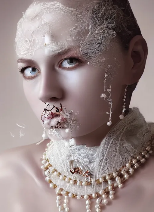 Prompt: high intricate porcelain baroque stunning woman, lace collar, string of pearls, bird feathers, 8 k, glitter skin very white hyperrealistic hyperdetailed pastel maria panfilova, andrea savchenko, sensual mike kime, ludovic plouffe, qi sheng luo, oliver cook, trending on artstation