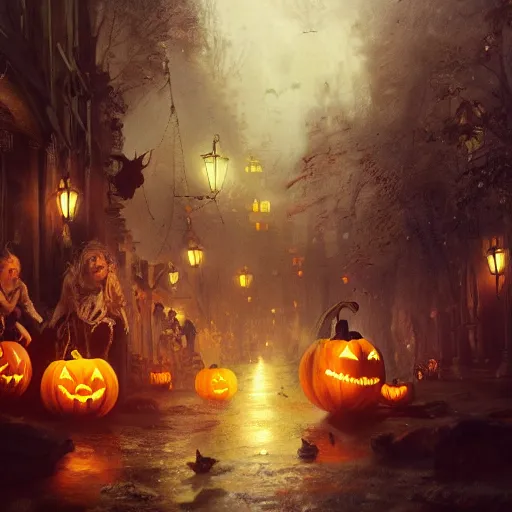 Image similar to halloween festival, volumetric lighting, 8 k octane beautifully detailed render, post - processing, extremely hyper - detailed, intricate, epic composition, cinematic lighting, masterpiece, trending on artstation, detailed detailed detailed, masterpiece, stunning art by anders zorn, wonderful masterpiece by greg rutkowski, beautiful cinematic light,