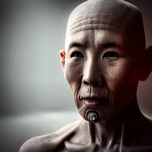 Image similar to Half cyborg half monk discovering enlightenment, dark atmosphere, 8k, cinematic lighting, symmetry, elegant, ornate, hyper realistic, zen