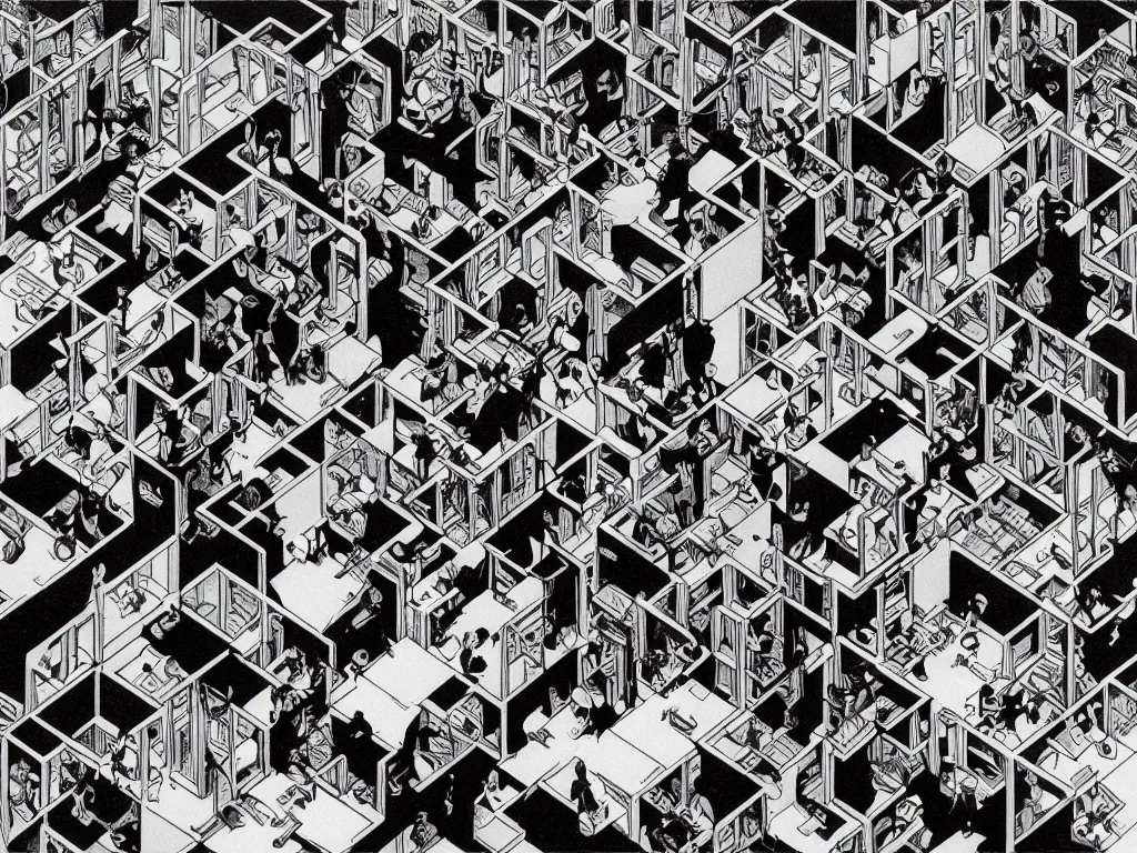 Prompt: madness in 90s cubicle office by M.C. Escher