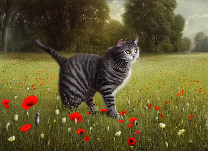 Image similar to the cat in the field from : meadow flowers, dandelions, poppy, tulip, chamomile, hyperrealism, no blur, 4 k resolution, ultra detailed, style of ivan shishkin, tyler edlin, tom bagshaw, arthur rackham,