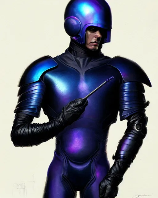 Image similar to muscled character concept of iridescent sinewy smooth muscular male sleek glossy indigo black pearlescent scifi armor with continuous smooth black featureless helmet, by greg rutkowski, mark brookes, jim burns, tom bagshaw, magali villeneuve, trending on artstation