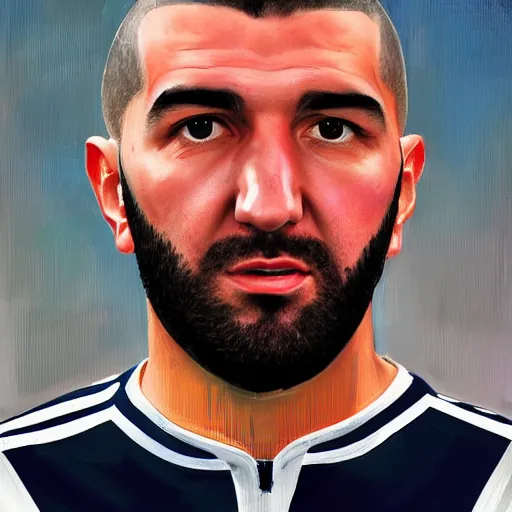 Image similar to A realistic hyperdetailed wide-shot digital oil portrait painting of an benzema in the style of quentin tarantino