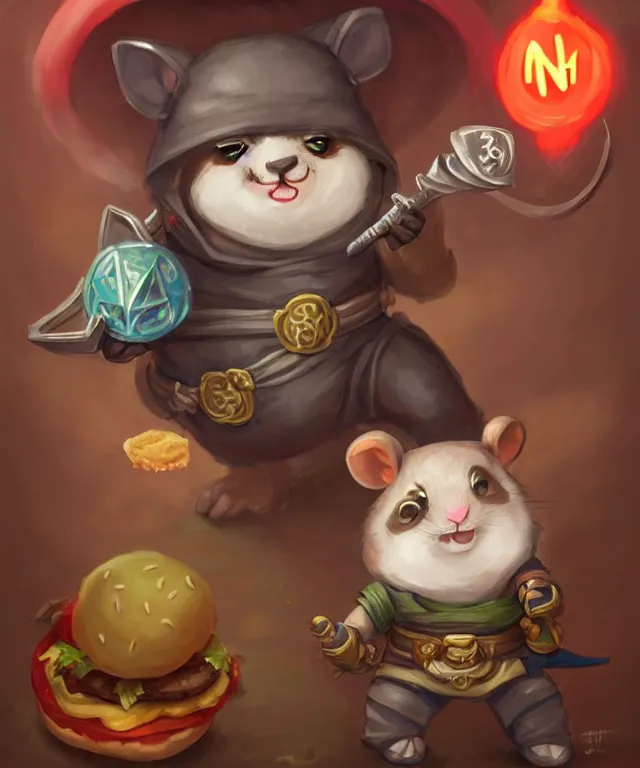 Image similar to a single anthropomorphic hamster ninja eating a hamburger, ninja outfit, standing in a buddhist temple, cute and adorable, dnd character art portrait, matte fantasy painting, deviantart artstation, by jason felix by steve argyle by tyler jacobson by peter mohrbacher, cinematic lighting