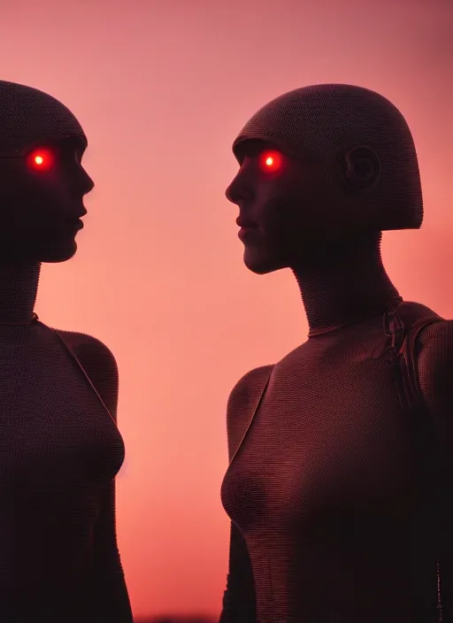 Image similar to cinestill 5 0 d photographic portrait by steve mccurry of two loving female androids wearing rugged black mesh techwear on a desolate plain with a red sky, extreme closeup, cyberpunk style, dust storm, 8 k, hd, high resolution, 3 5 mm, f / 3 2, ultra realistic faces, ex machina