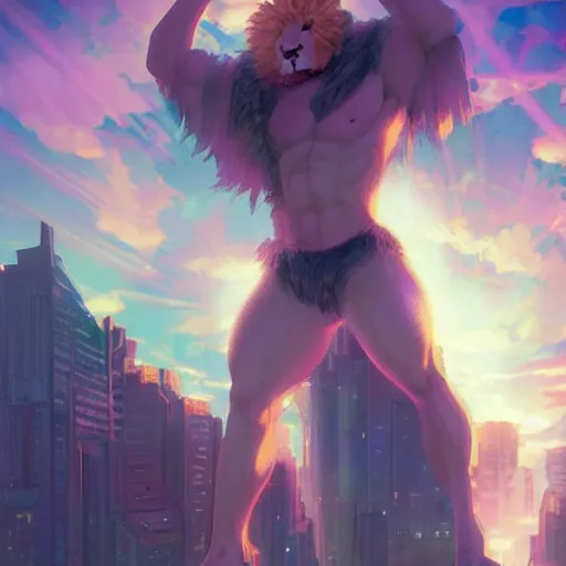 Prompt: aesthetic portrait commission of a muscular, buff albino male furry anthro lion wearing a cloak and ripped open shirt as he overlooks a vaporwave city skyline with large lense flare visible. cozy and hazy soft pastel Atmosphere. Character design by charlie bowater, ross tran, artgerm, and makoto shinkai, detailed, inked, western comic book art, 2021 award winning painting