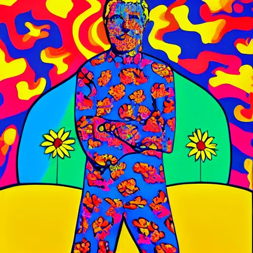 Prompt: a man standing in front of a giant painting, a pop art painting by peter max, behance contest winner, psychedelic art, psychedelic, poster art, made of flowers