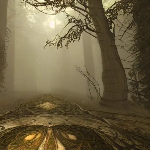 Image similar to realistic artnouveau style american mcgee's alice madness returns layers of fear style in a foggy twisted forestsharp focus very detailed 8 k cinematic