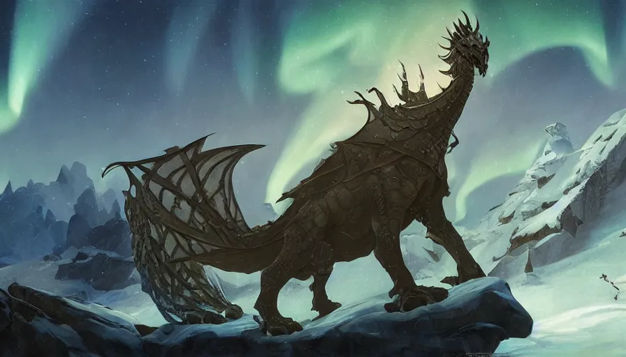 Prompt: epic ice dragon with trendy shapes in a nordic landscape under aurora and stars, set in the words of the Forgotten Realms and Guildwars2, painted by Hans Fredrik Gude, N.C.Wyeth and Artgerm, concept art 2022, ultra realistic masterpiece