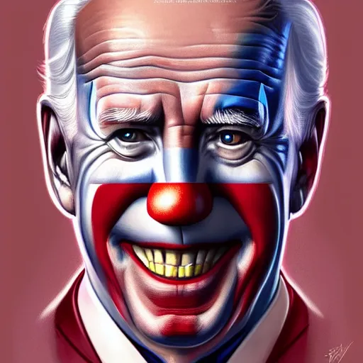 Prompt: symmetry portrait of joe biden as a clown, intricate, elegant, highly detailed, digital painting, artstation, concept art, smooth, sharp focus, illustration, art by artgerm and greg rutkowski and alphonse mucha