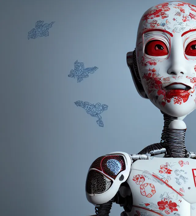 Image similar to full body portrait of a highly advanced digital robot with a porcelain japanese geisha face mask with kanji tattoos and decals, japanese model, octane render, intricate details, ultra realistic, dramatic lighting