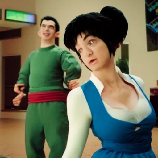 Prompt: “a still of Nathan Fielder as Bulma in Dragon Ball Z”