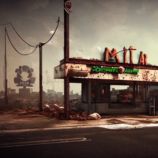 Image similar to post apocalyptic McDonald's, octane render, 4k