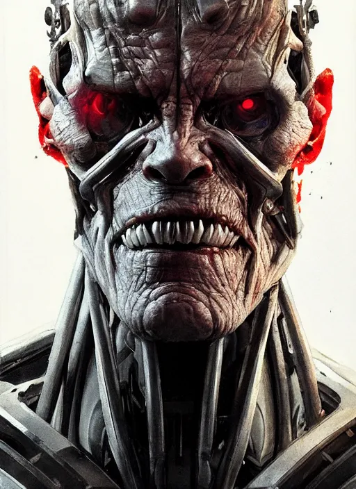 Image similar to willem dafoe as victor stone, full body concept, cyborg, borg, strogg, face of a man, terminator, flesh, quake strogg, doom demon, wolfenstein, monstrous, powerful, symmetry, symmetrical, concept art by ruan jia and greg rutkowski