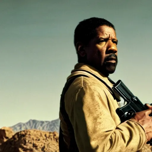 Prompt: Denzel Washington with a gun in fallout new vegas, movie still, face close-up, in color, detailed face, 4k