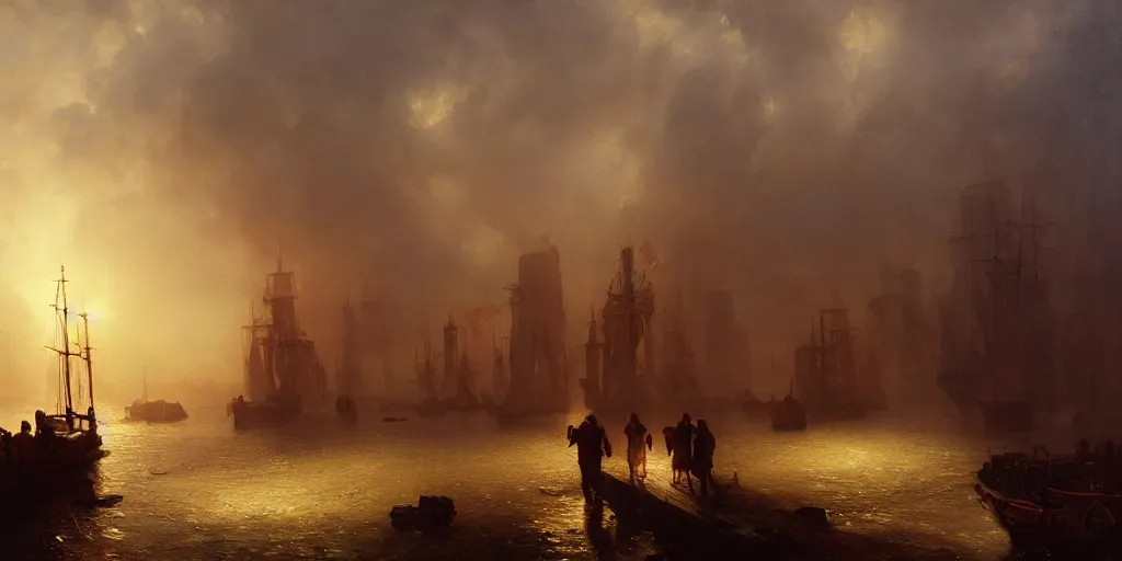 Image similar to a seaport in 1 9 4 0 with red light on, sunny day, a men stand up next to the edge, mystical orange fog, oil on canvas, art by andreas achenbach, clemens ascher, tom bagshaw and sabbas apterus,