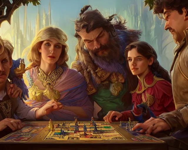 Prompt: 1 9 8 0 board game family fight, deep focus, d & d, fantasy, intricate, elegant, highly detailed, digital painting, artstation, concept art, matte, sharp focus, illustration, hearthstone, art by artgerm and greg rutkowski and alphonse mucha