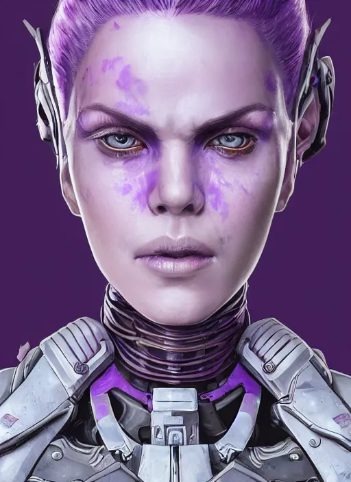 Image similar to close up portrait of a pale woman in sci - fi power armor with purple hair, powerful, domineering, stoic, masterful, intense, ultrafine hyperdetailed illustration by kim jung gi, irakli nadar, intricate linework, sharp focus, octopath traveler, yoji shinkawa, highly rendered, detailed, concept art