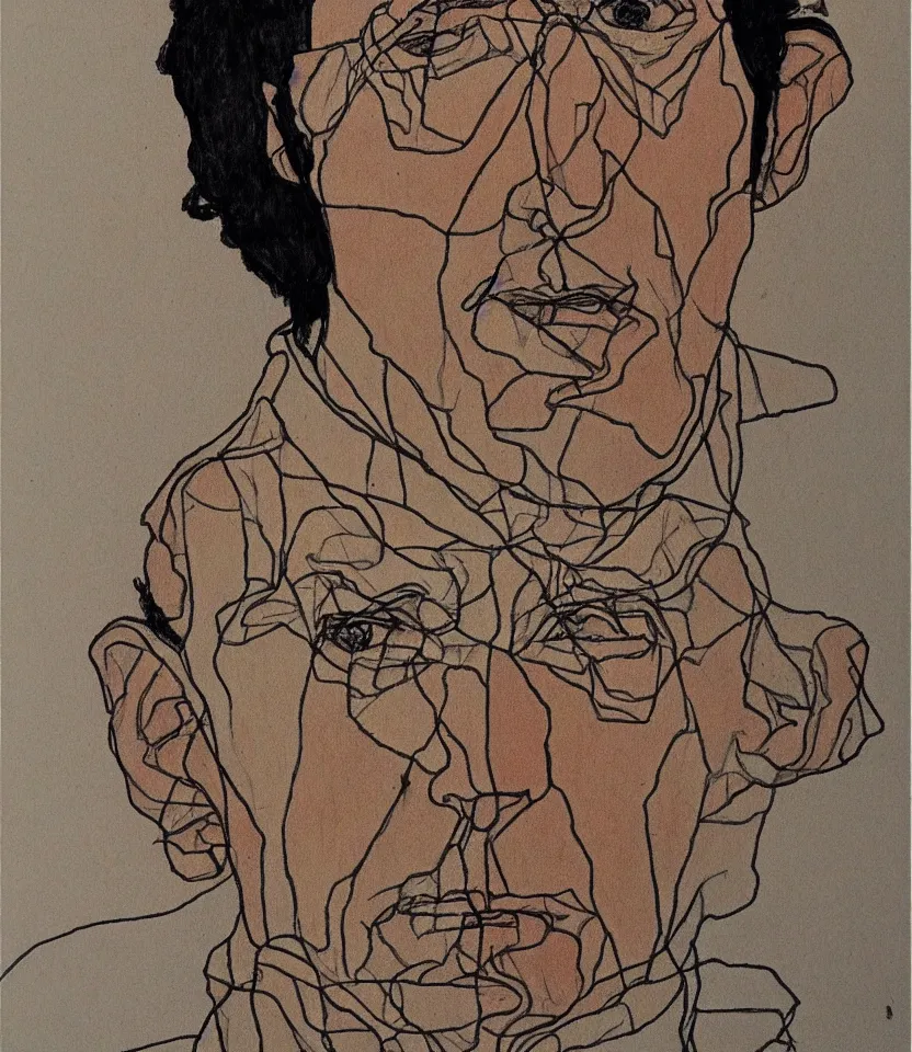 Image similar to a line art portrait of singer leonard cohen, inspired by the work of egon schiele.