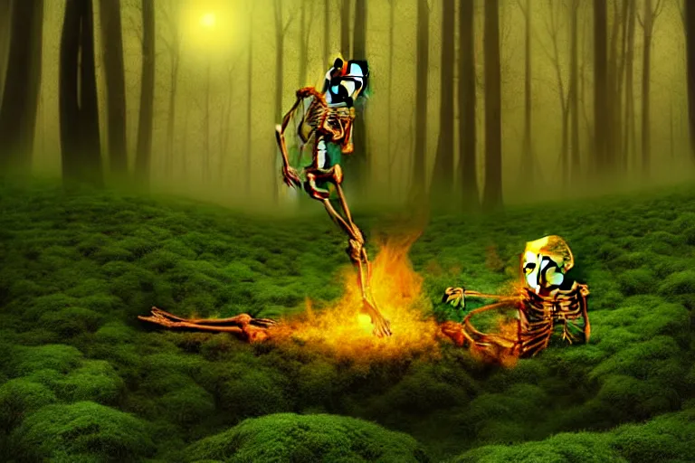 Image similar to a burning with fire human skeleton sitting behind computer, overgrown with moss, in foggy forest, at night with moon light, dark atmosphere, fantasy, digital art