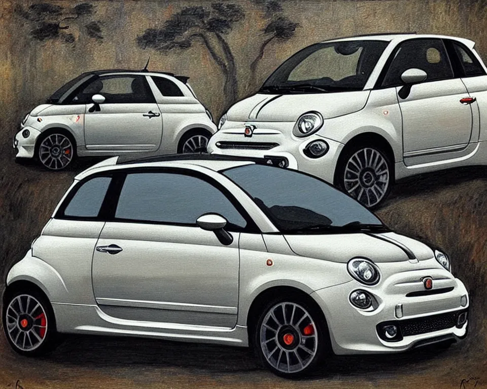 Image similar to achingly beautiful painting of a graphite 2 0 1 3 fiat 5 0 0 abarth by rene magritte, monet, and turner.