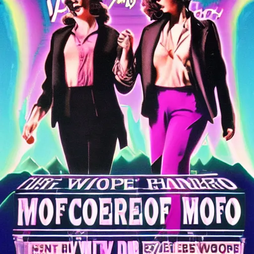 Image similar to vapor wave movie poster of two women on the run from the mob