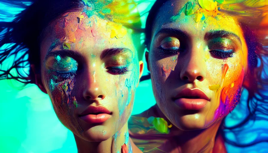 Image similar to very beautiful woman, face submerged in colorful oils, brown skin, realism, extreme detail, real life, key art, soft light, volumetric light, 3 - d shadows, photo by james jean and wlop, photoshoot