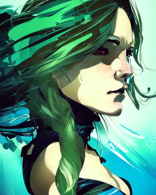 Image similar to style of yoji shinkawa, artgerm, joshua middleton, beautiful kristen bell with green dress, very long blue hair, water powers water swirling, symmetrical face, symmetrical eyes, detailed, beach setting, cinematic lighting