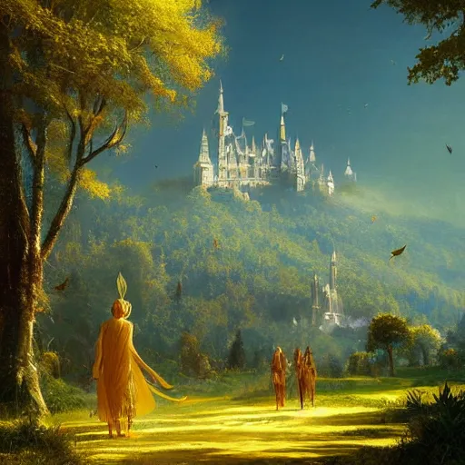 Prompt: paradise with safran as grass, gold trees with green leaves and golden castles, by greg rutkowski