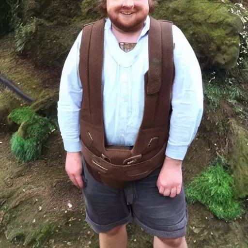 Image similar to clean-shaven (pudgy) british lad with short curly dark brown hair as a hobbit wearing a white men's crossbody sling chest bag and blue vest