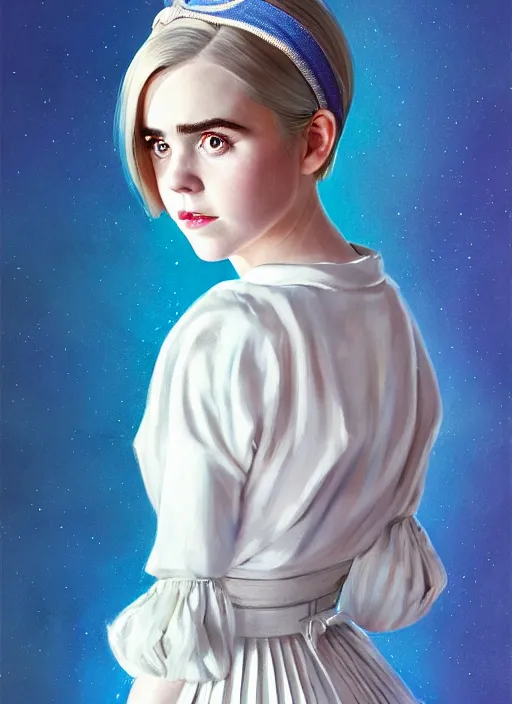 Image similar to portrait of kiernan shipka with freckles, white hair, 1 9 6 0 s bob hairstyle with bangs and hairband, blue 1 9 6 0 s dress, intricate, elegant, glowing lights, highly detailed, digital painting, artstation, concept art, smooth, sharp focus, illustration, art by wlop, mars ravelo and greg rutkowski